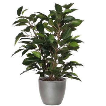 Groene ficus kunstplant 40 cm met plantenpot zilver metallic D13.5 en H12.5 cm - Kunstplanten