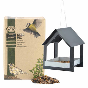 Metalen vogelhuisje/voedertafel hangend antraciet 23 cm met vogel strooivoer 2,5 kg - Vogelvoederhuisjes