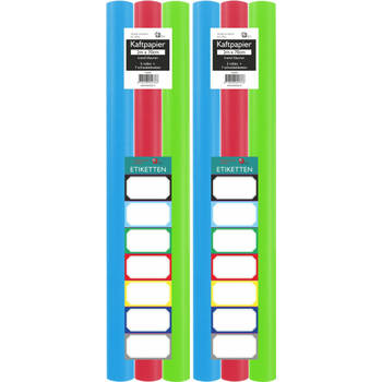 Assortiment kaftpapier voor schoolboeken - Lime groen, turquoise, rood - 200 x 70 cm - 6 rollen