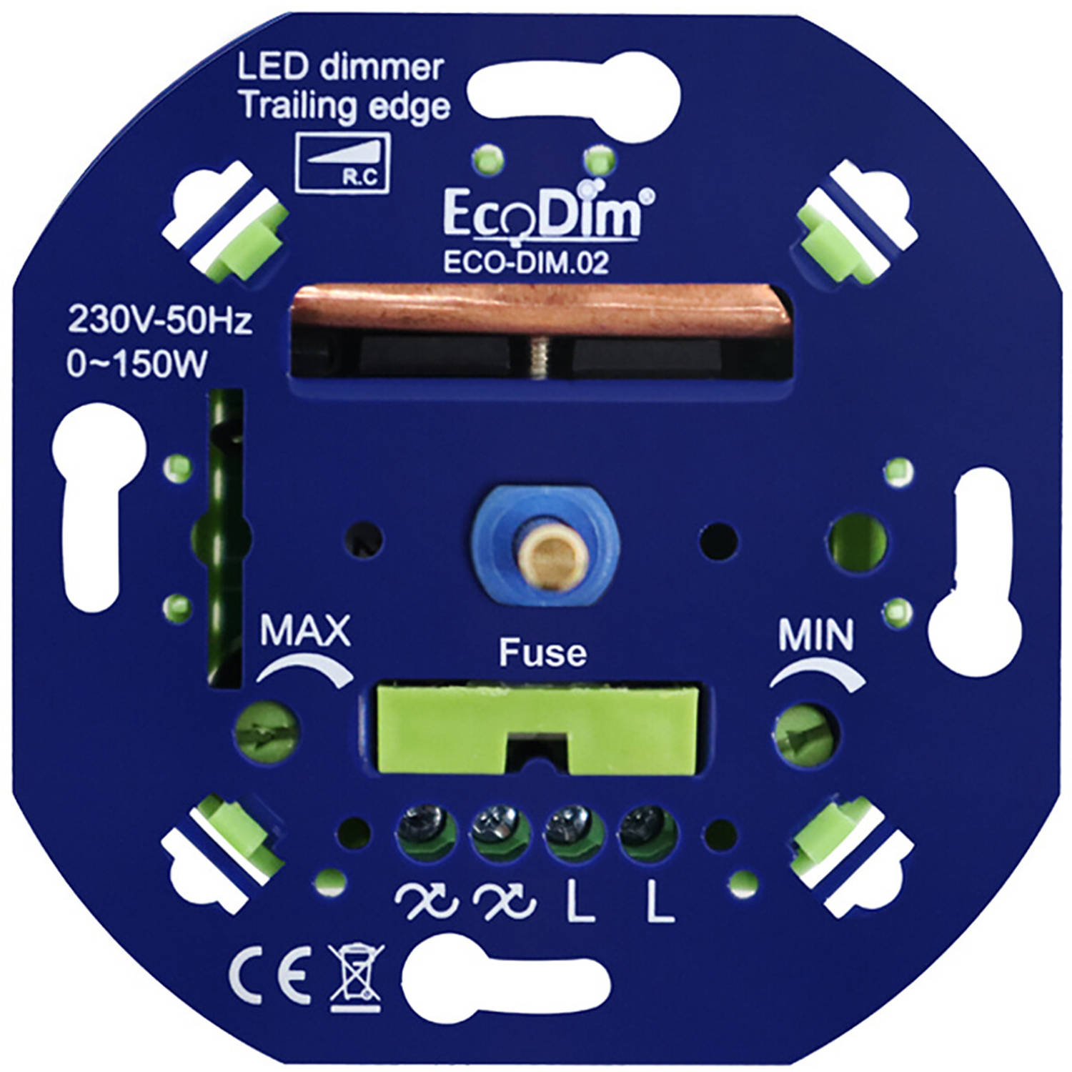 EcoDim - LED Dimmer - ECO-DIM.02 - Fase Afsnijding RC - Inbouw - Enkel Knop - 0-150W - Zekering