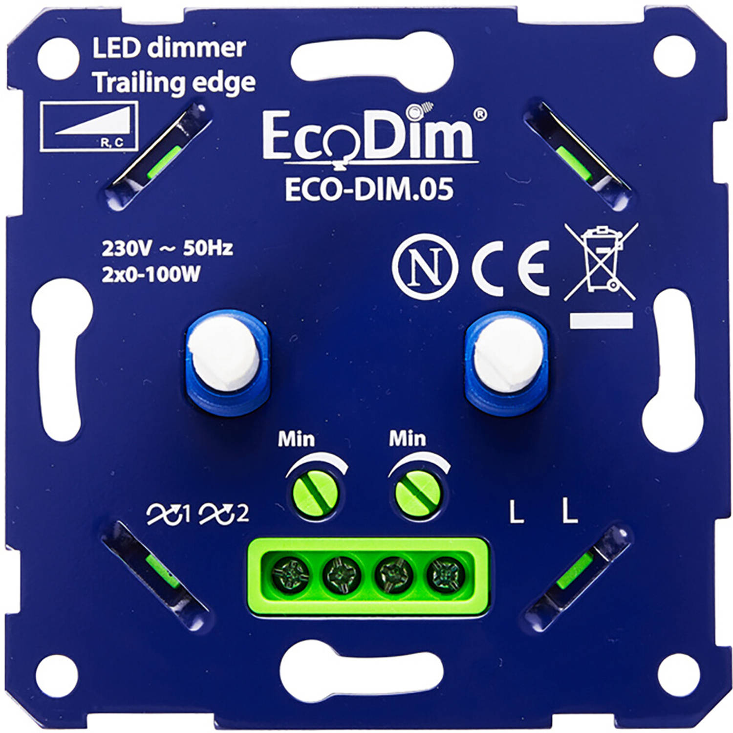 EcoDim - LED DUO Dimmer - ECO-DIM.05 - Fase Afsnijding RC - Dubbele Inbouwdimmer - Dubbel Knop - 0-100W