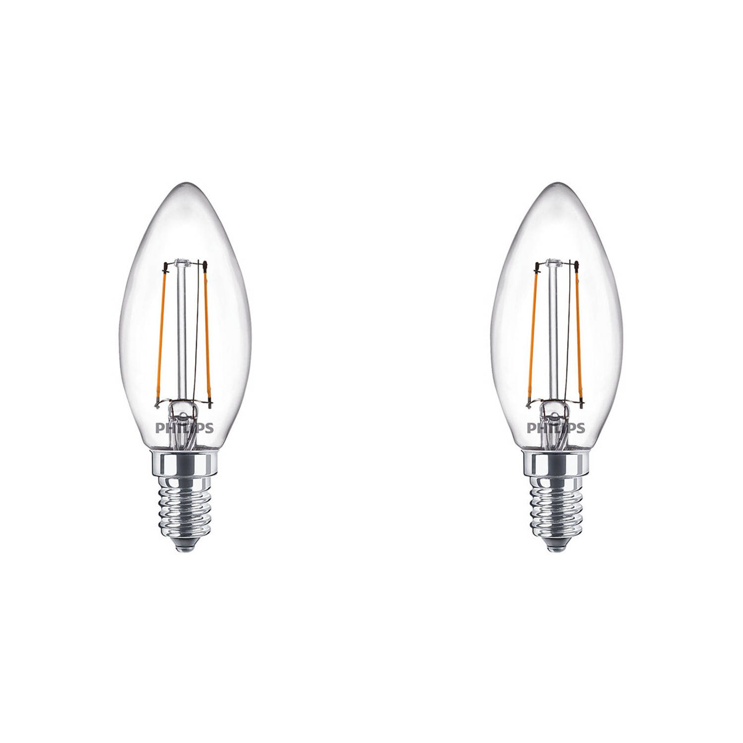 PHILIPS - LED Lamp Filament - Set 2 Stuks - Classic LEDCandle 827 B35 CL - E14 Fitting - 2W - Warm Wit 2700K Vervangt