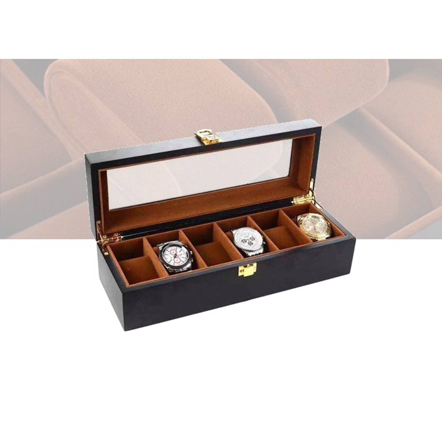 Luxe Houten Horloge Box Geschikt Horloges en Sieraden - 6 Compartimenten met 6 Kussentjes - Bruin | Blokker