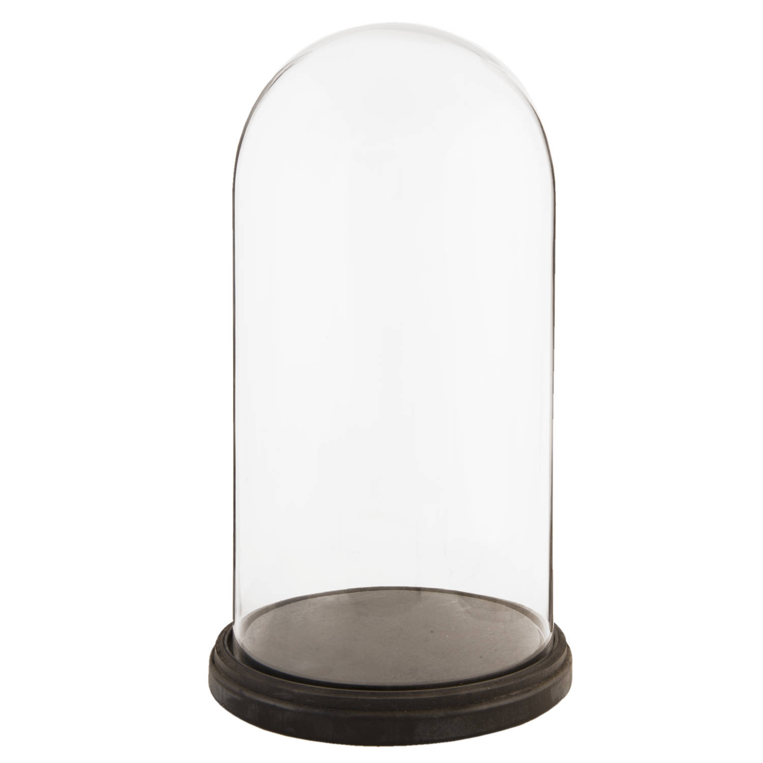 HAES DECO - Decoratieve glazen stolp met bruin houten voet, diameter 26 cm en hoogte 47 cm - ST012731