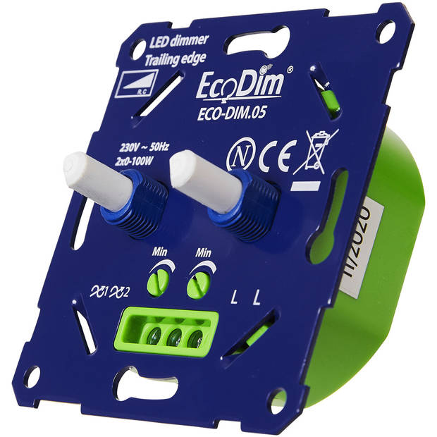 EcoDim - LED DUO Dimmer - ECO-DIM.05 - Fase Afsnijding RC - Dubbele Inbouwdimmer - Dubbel Knop - 0-100W