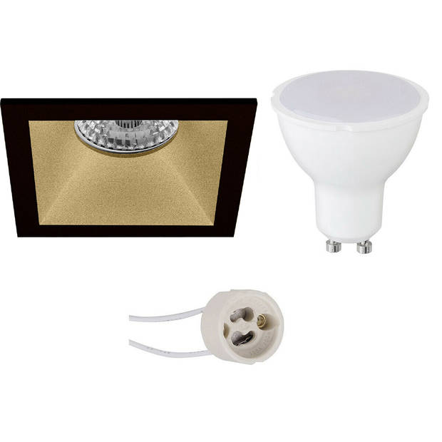 LED Spot Set - Pragmi Pollon Pro - GU10 Fitting - Dimbaar - Inbouw Vierkant - Mat Zwart/Goud - 6W - Helder/Koud Wit