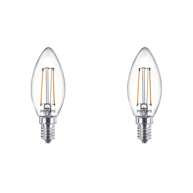 PHILIPS - LED Lamp Filament - Set 2 Stuks - Classic LEDCandle 827 B35 CL - E14 Fitting - 2W - Warm Wit 2700K Vervangt