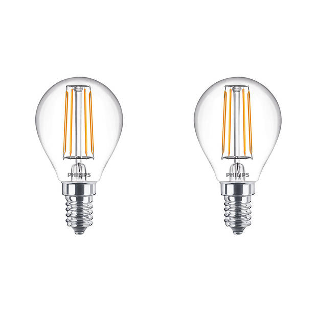 PHILIPS - LED Lamp Filament - Set 2 Stuks - Classic Lustre 827 P45 CL - E14 Fitting - 4.3W - Warm Wit 2700K Vervangt
