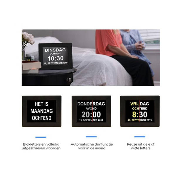 FEDEC Digitale Dementieklok met XL Beeldscherm – Alarmfunctie - Medicijnwekker – Kalenderklok - Alzheimer Klok – Zwart