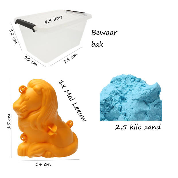 Banzaa Moving Sand Speelzand Blauw 2.5 KG Modelleer Zand in Bak + Mal Leeuw