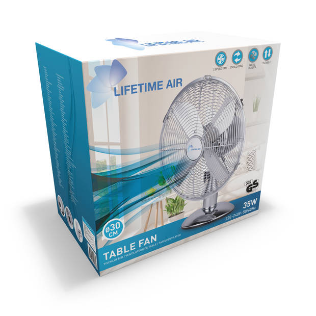 Lifetime Air Ventilator - Ø30 Cm - Retro - 3 Snelheden - Kantelbaar - Zwenkfunctie - Chroom