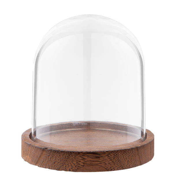 HAES DECO - Decoratieve glazen stolp met bruin houten voet, diameter 10 cm en hoogte 15 cm - ST019441