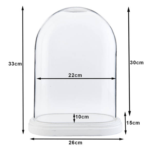 HAES DECO - Decoratieve glazen stolp met witte houten voet, ovaal 26 x 15 cm en hoogte 34,5 cm - ST017641