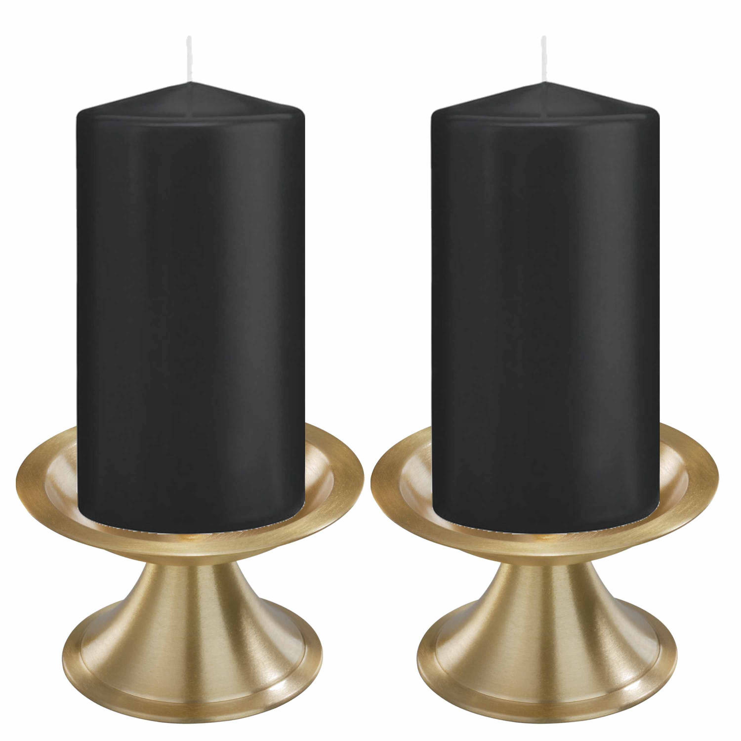 verachten Federaal Ijver Set van 2x zwarte cilinderkaarsen/stompkaarsen 8 x 15 cm met 2x gouden  kaarsenhouders - Stompkaarsen | Blokker