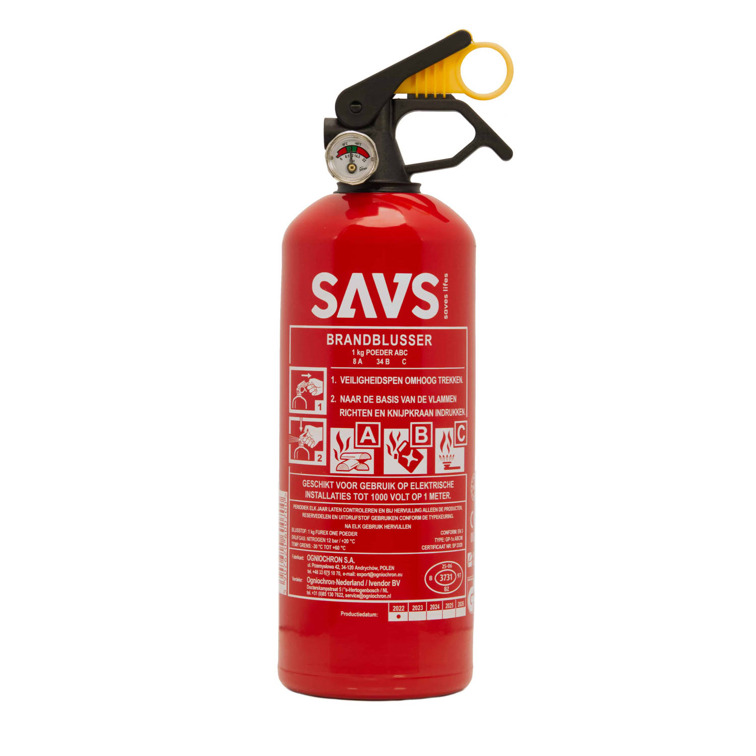 SAVS® Brandblusser poeder 1 kg - GP-1x ABC/MP - Blusrating 8A 34B C - Geproduceerd in Europa