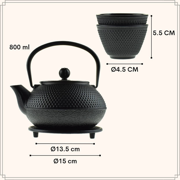 OTIX Theepot Set 4-Delig - Japanse Thee set met Theekopjes - Zwart - 0,8 Liter - Gietijzer - Warmtehoudend