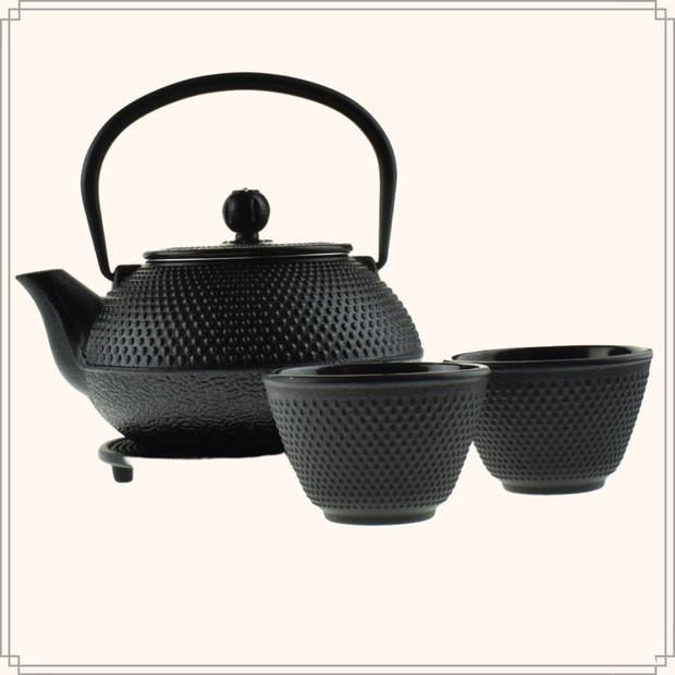 OTIX Theepot Set 4-Delig - Japanse Thee set met Theekopjes - Zwart - 0,8 Liter - Gietijzer - Warmtehoudend