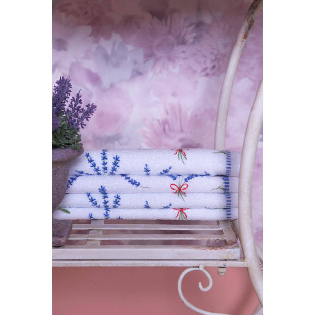 Clayre & Eef Gastendoekje 40x66 cm Wit Paars Katoen Lavendel Toilet handdoek Paars Toilet handdoek