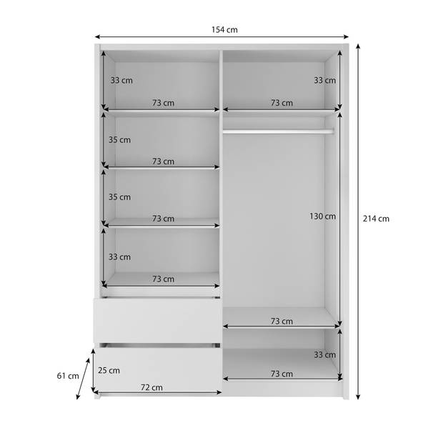 Meubella Kledingkast Sento - Wit - 150 cm - Met spiegel