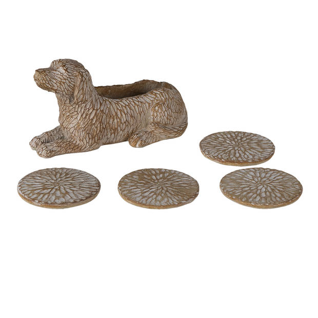 Clayre & Eef Bruine Decoratie hond met onderzetters (4) 12*9*21 cm 6PR3396