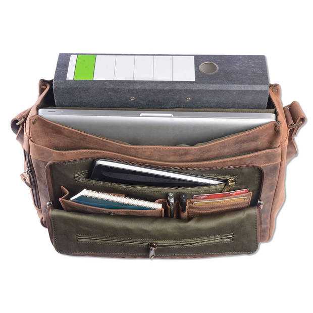 WILD WOODS Leren Messenger Schoudertas 15,6 inch Laptoptas – Unisex – Ronding uit Flap - Buffelleer - Vintage Bruin