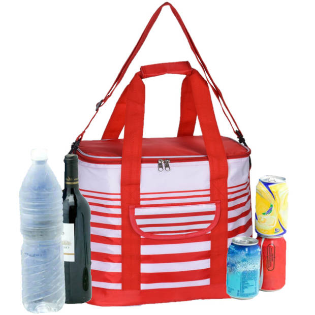 Koeltas draagtas schoudertas rood/wit gestreept 28 x 18 x 29 cm 12 liter - Koeltas