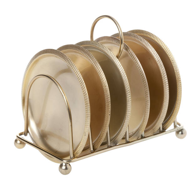 Set van 6x ronde glazenonderzetters goud in houder 10 x 10 cm - Glazenonderzetters