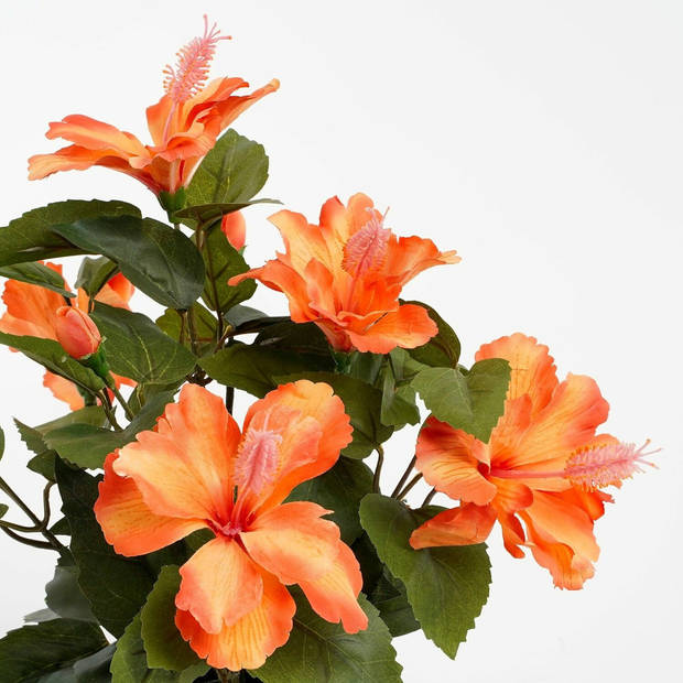 Hibiscus kunstplant oranje in grijze pot H40 x D30 cm - Kunstplanten