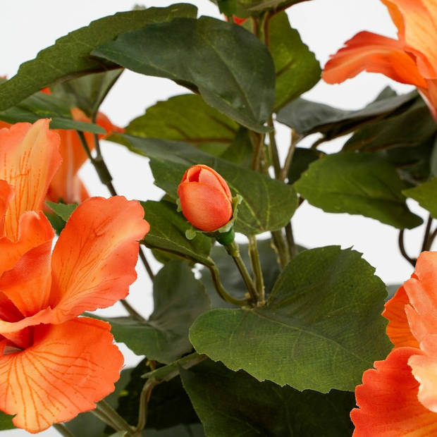 Hibiscus kunstplant oranje in grijze pot H40 x D30 cm - Kunstplanten