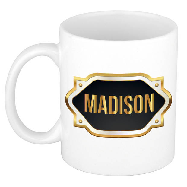 Madison naam / voornaam kado beker / mok met goudkleurig embleem - Naam mokken