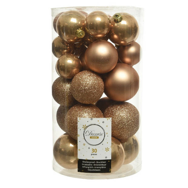 60x Camel bruine kerstballen 4 - 5 - 6 cm kunststof mat/glans/glans/glitter - Kerstbal