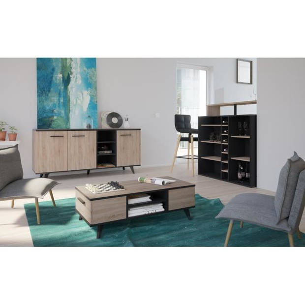 WAYNE Modern laag dressoir geborsteld eiken decor en mat zwart - L 160,7 cm