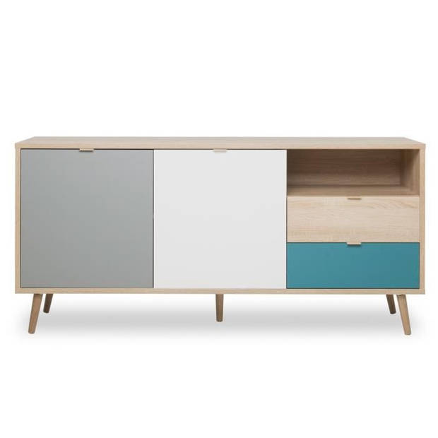 CUBA Scandinavisch laag eiken, grijs en petrolblauw dressoir - B 150 x D 40 x H 71 cm