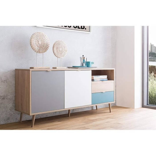 CUBA Scandinavisch laag eiken, grijs en petrolblauw dressoir - B 150 x D 40 x H 71 cm