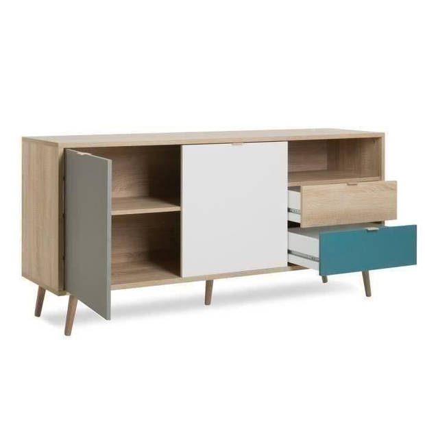 CUBA Scandinavisch laag eiken, grijs en petrolblauw dressoir - B 150 x D 40 x H 71 cm