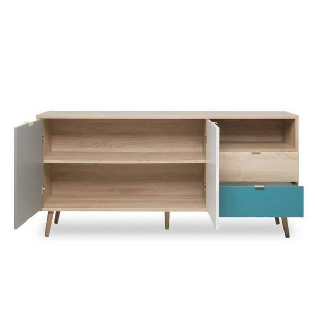 CUBA Scandinavisch laag eiken, grijs en petrolblauw dressoir - B 150 x D 40 x H 71 cm