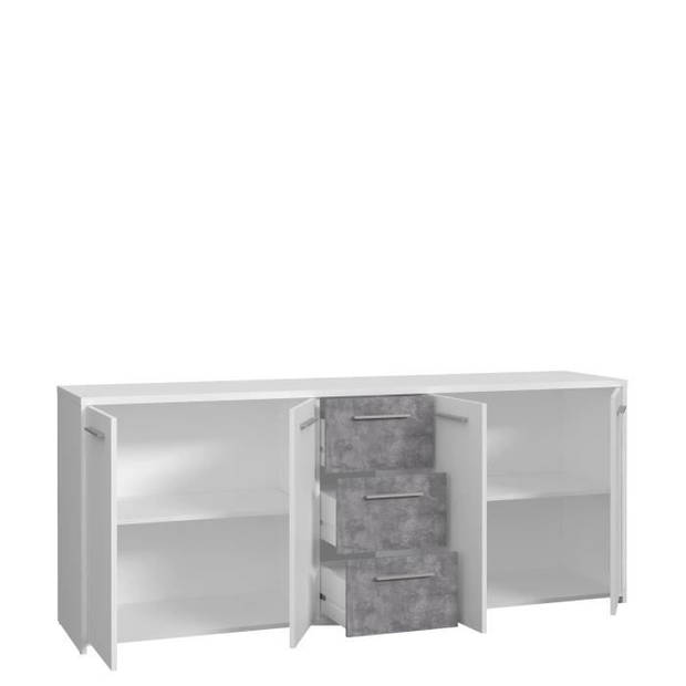 Laag dressoir 4 deuren 3 laden - Decor wit en betongrijs - L 179 x D 42 x H 74,5 cm