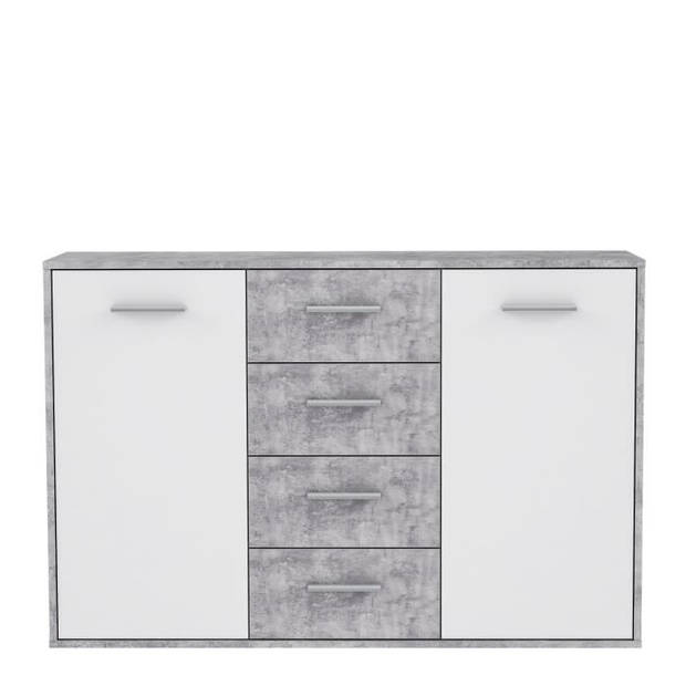 PILVI Laag dressoir 2 deuren 4 laden - Wit en lichtgrijs beton - B 122,6 x D 34,2 H 88,1 cm