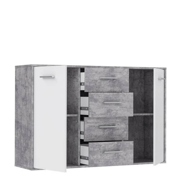 PILVI Laag dressoir 2 deuren 4 laden - Wit en lichtgrijs beton - B 122,6 x D 34,2 H 88,1 cm