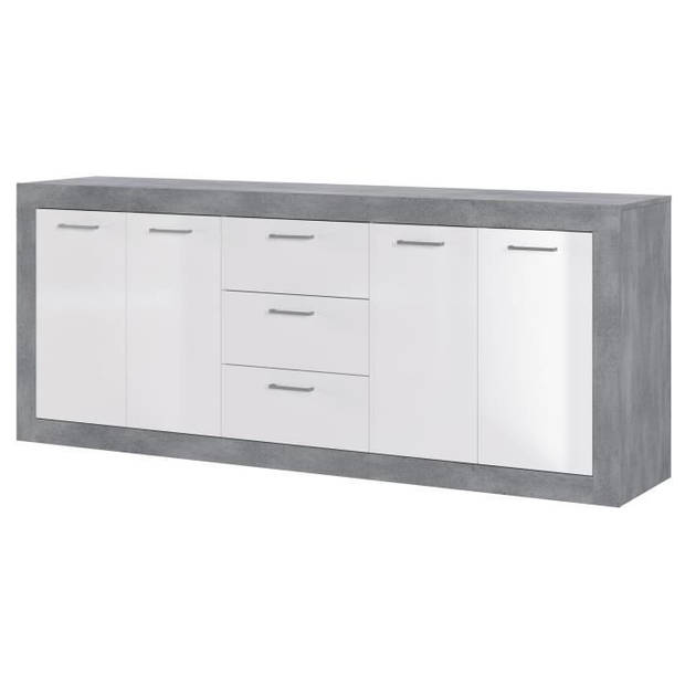 STONE Buffet 4 deuren 3 laden - Beton en wit decor - L 206 x D 45 x H 83,4 cm