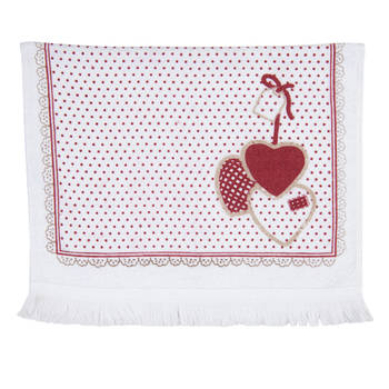 Clayre & Eef Gastendoekje 40x66 cm Wit Rood Katoen Hart Toilet handdoek Wit Toilet handdoek