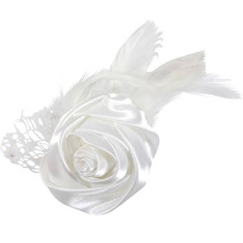 Huwelijk/bruiloft decoratie corsage wit met roos en veertjes - Feestdecoratievoorwerp