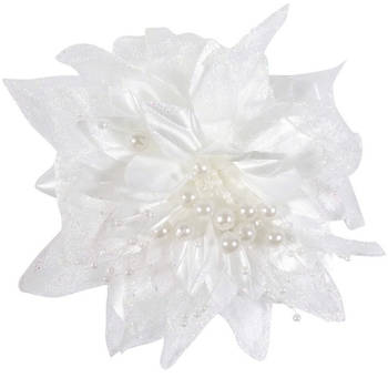 Huwelijk/bruiloft decoratie corsage wit 12 cm met bloem en parels - Feestdecoratievoorwerp