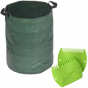 Groene tuinafvalzak opvouwbaar 120 liter met een setje bladharken/tuinafval grijpers - Tuinafvalzak