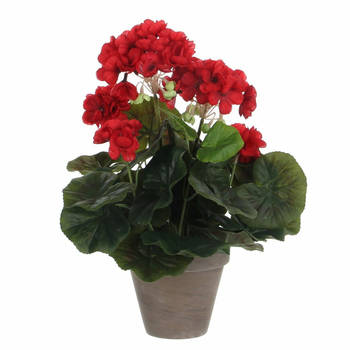 Geranium kunstplant rood in keramieken pot H34 x D20 cm - Kunstplanten