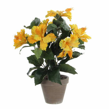 Hibiscus kunstplant geel in grijze pot H40 x D30 cm - Kunstplanten