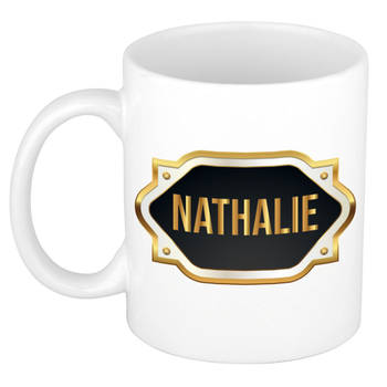 Nathalie naam / voornaam kado beker / mok met goudkleurig embleem - Naam mokken