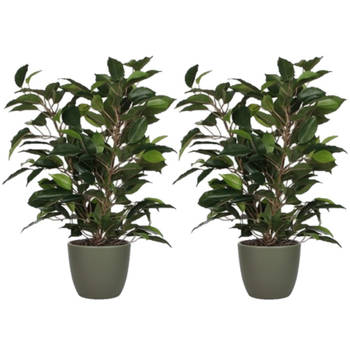 2x stuks groene ficus kunstplant 40 cm met plantenpot dennengroen D13.5 en H12.5 cm - Kunstplanten