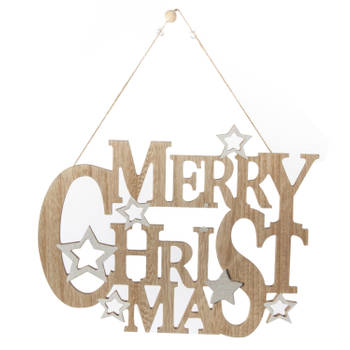 Houten kersthangers/hangdecoratie bordje Merry Christmas naturel 32 cm - Kersthangers