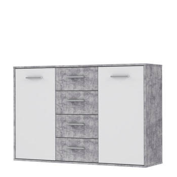 PILVI Laag dressoir 2 deuren 4 laden - Wit en lichtgrijs beton - B 122,6 x D 34,2 H 88,1 cm